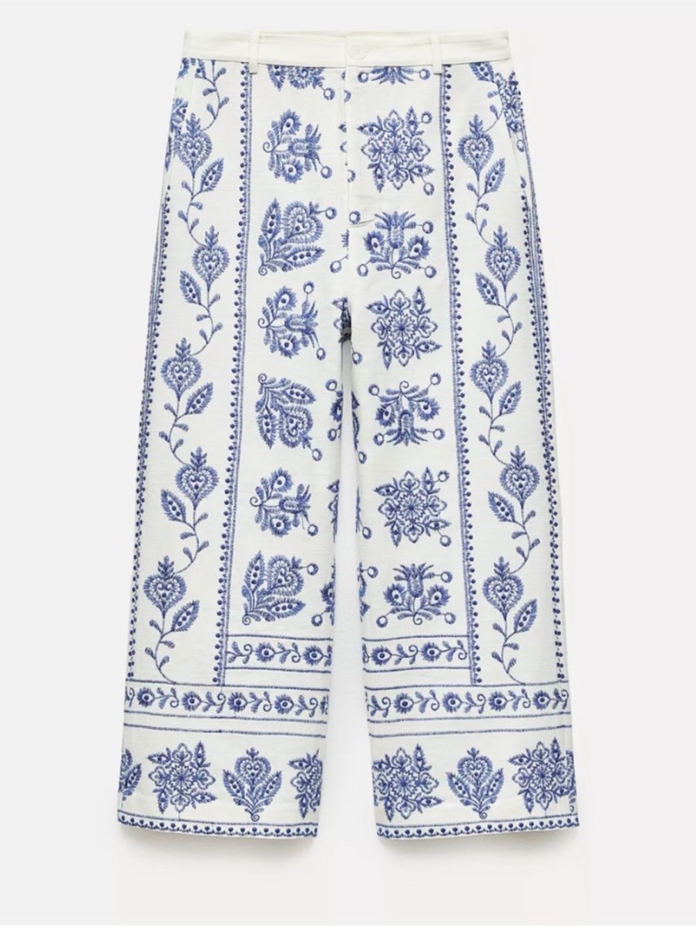 Zara White & Blue Embroidered Cropped Wide-Leg Pants